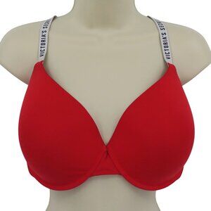 Victorias Secret 38DDD T Shirt Lightly Lined Demi Bra Red Underwire Logo Straps